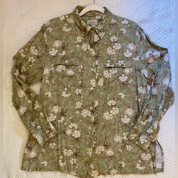Vintage Classic Elements Olive Green Floral Button-Down Shirt Size M-L - Picture 2 of 6